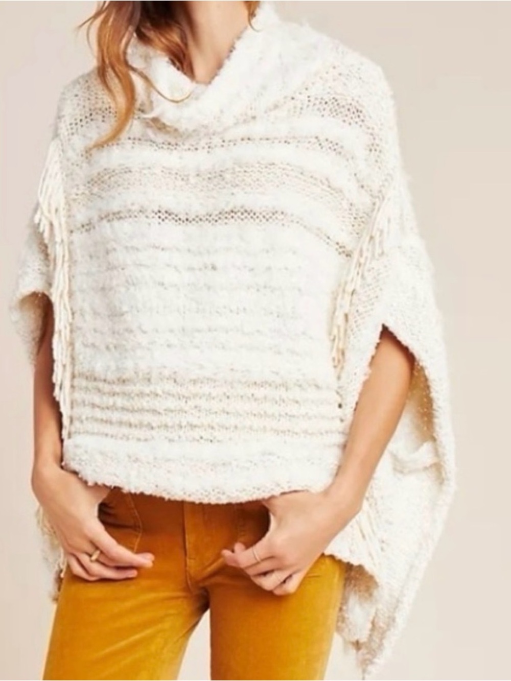 By Anthropologie Marilyn Cream Knit Fringe Poncho / Sweater Vest